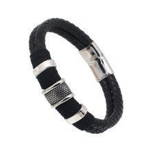 Yudan Fashion Black Leather Bracelet Titanium Stainless Steel Bracelet Men Bangle